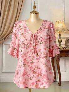 SHEIN Clasi Floral Pattern V-Neck Ruffled Double-Layer Mid-Sleeve Women Blouse - Pink - View 2