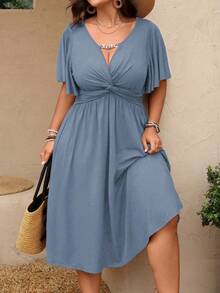 Rometta Vestido midi de línea A con cuello en V, textura de punto, cintura con volantes y cadena, para mujer talla grande, primavera/verano - Celeste - Ver 6