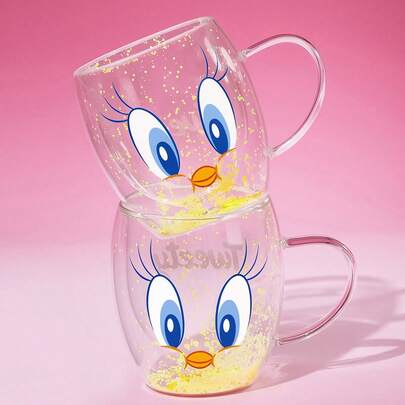 LOONEY TUNES X SHEIN 1 pieza Taza de vidrio borosilicato de doble capa de 260ml con patrón de dibujos animados, taza de café resistente al frío y al calor, apta para leche, jugo, café, agua con gas, etc., divertida, con estampado de labios, brillante, ideas de regalo, fiesta, vacaciones, Día de San Valentín