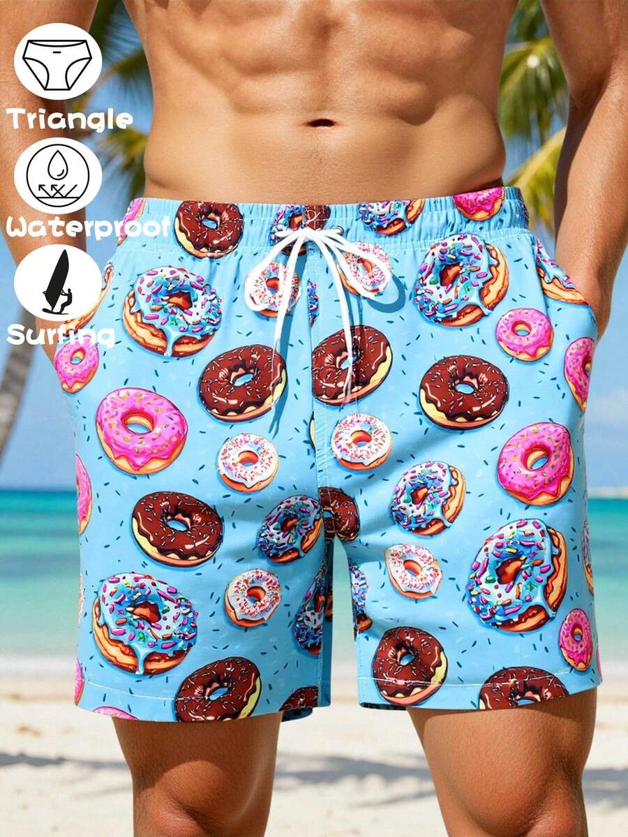 Surfspeed Men's Donut Print Drawstring Waist Beach Shorts - Blue - View 1