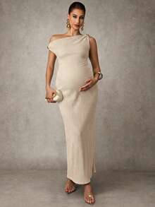 MaterniChic 孕妇纯色不对称领口休闲无袖连衣裙 - 卡其色 - 查看 7