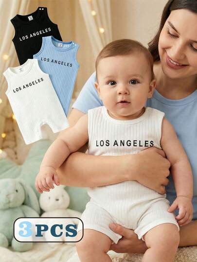 SHEIN 3pcs/Set Infant Baby Boys' Soft & Stretchy Sleeveless Romper With Los Angeles Print, Comfortable Casual Jumpsuit For Summer, 6M-3T