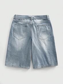 ROMWE MEN Essentials Distressed Vintage Rhinestone Embellished Loose Fit Men's Casual Shorts - Blue - View 2