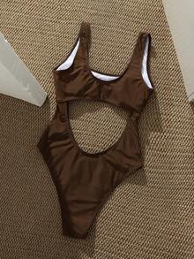 Swim SXY Women's Solid Color One-Piece Hollow-Out Swimsuit For Summer Beach - Chocolate Brown - View 2
