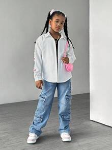 SHEIN Explorewe Tween Girl Oversized White Shirt With Graffiti And Bear Pattern - White - View 5