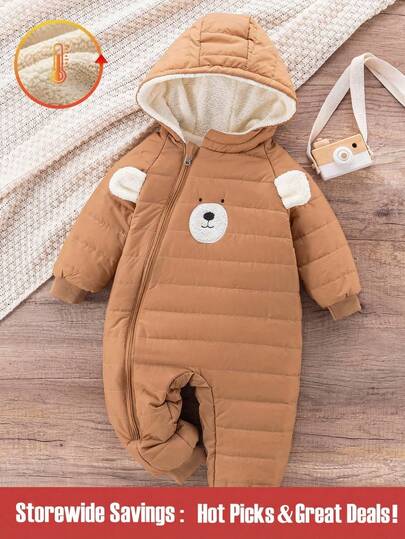 SHEIN Baby Boy Infant Toddler 0-3 Years Old Winter New Thickened Fleece Bear Embroidered Romper, Plush Bear Ear Jumpsuit, Autumn/Winter Outerwear Fall