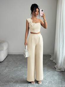 Elenzga Elegant 3D Floral Decor Casual Vacation Sleeveless Top And Pants Women 2 Pieces Set - Apricot - View 4
