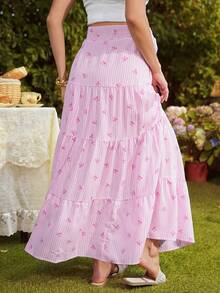 SHEIN Maternity Striped Bow Print Pleated Casual Versatile Daily Wear Skirt - Pink - View 2