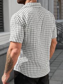 EGENSIO Textured Plaid Print Button Front Casual Short Sleeve Shirt - Black - View 2