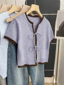 SHEIN Franclia 休闲宽松圆领短袖针织上衣，前系带设计，撞色滚边，卡其色，春夏女装；紫色开衫；薰衣草色上衣；系带针织衫；系带短袖毛衣；薰衣草色上衣；短袖开衫；女式上衣和衬衫；休闲女式上衣；最新款女式上衣；女式开衫；女式短款针织衬衫 - 淡紫色 - 查看 3