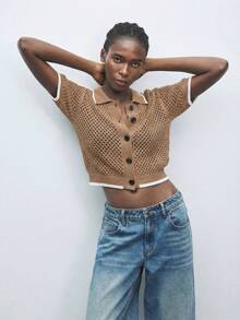 Maija Contrast Color Trim Hollow Out Short Sleeve Knit Cardigan - Brown - View 6