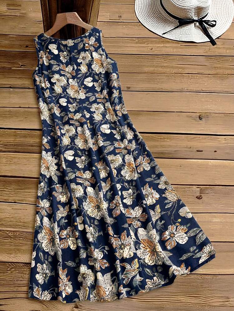 Vestido largo sin mangas con estampado floral para mujer de talla grande, primavera temprana