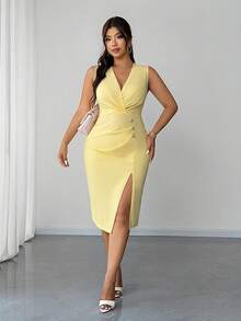 Elenzga Plus Size Women's Elegant Casual V-Neck Sleeveless Waist Cinched Button Decor Bodycon High Slit Dress, Spring/Summer - Yellow - View 3