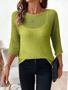 EMERY ROSE Women's Loose Fit Crew Neck 3/4 Sleeve Casual Sweater - Mist Green - View 6