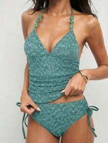 SHEIN Luminelle 2026 New Women's Summer Beach Vacation Green Textured Halter Tankini Set Beaded Swimwear With Drawstring Side,2 Piece Swimwear - Blue - View 1