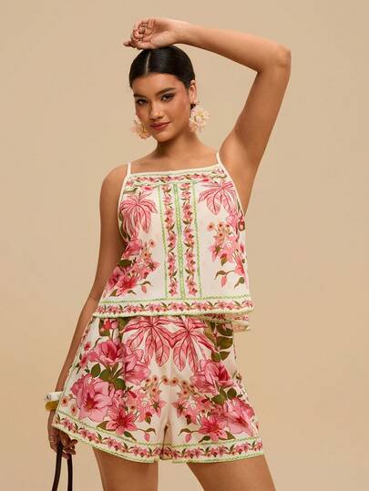 Travachic Bộ đồ mùa hè cỡ lớn dành cho nữ, gồm quần short in họa tiết và áo hai dây dáng rộng kiểu retro, thích hợp mặc đi biển.