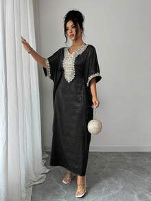 SHEIN Raffinéa Đầm satin buộc dây phối ren dành cho nữ, thích hợp cho mùa xuân/hè. - màu đen - Xem 3