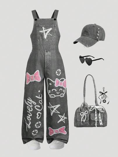 SHEIN מכנסי סרבל רחבים לבנות בסגנון רחוב עם גרפיטי + הדפס מתוק כהה, חתול, אותיות, כוכבים, פפיון, מכנסי סינר שחורים בעיצוב נישה לבנות, מתאים ללבוש יומיומי ולמפגשים, אביב/קיץ