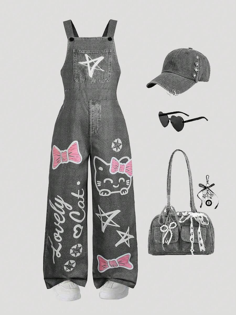 SHEIN 女童街头风涂鸦+暗黑甜美图案，猫咪、字母、星星、蝴蝶结印花宽松背带裤，小众设计女童黑色背带裤，适合日常穿着和聚会，春夏款 - 灰色 - 查看 1