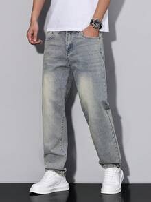 Manfinity Homme Men's Straight Loose Fit Casual Pockets Jeans, Versatile - Light Wash - View 7