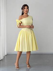 Elenzga 大码女士优雅春夏不对称肩部收腰A字短裙 - 黃色 - 查看 3