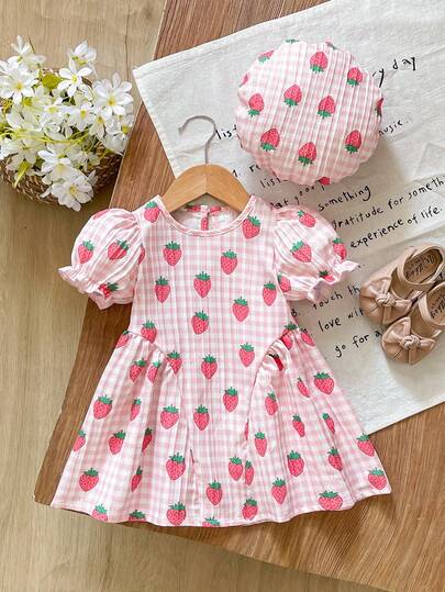 Souflis Souflis Baby Girl Summer Cute Fresh Plaid Daisy Print Blue Dress And Matching Beret Hat 2pcs Set, Classic Plaid Print With Fashionable Silhouette, Suitable For Baby's Daily Wear And Outings