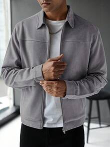 Manfinity Homme Men's Long Sleeve Casual Simple Solid Color Jacket, Autumn, For Fall - Grey - View 4