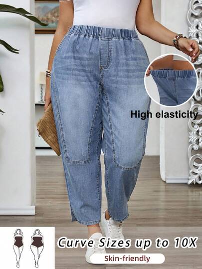 SHEIN CURVE+ Plus Size Casual Blue Elastic Waist Cropped Jeans Summer Outfits Spring Clothes Women Easter Jeans Festival Outfits For Women Beach Outfits For Women Casual Jeans For Women Summer Holiday Outfits Blue Jeans Women's Plus Size Light Wash Elastic Waist Cropped Jeans Casual Loose Fit Denim Pants