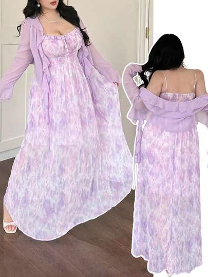 Vibekara Bộ đồ 2 món gồm áo hai dây và áo khoác cardigan ren xếp ly bằng vải chiffon Pháp cỡ lớn, thích hợp cho mùa xuân/hè.
