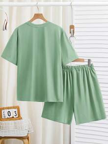 SHEIN Teen Boy Casual Letter Print Pattern Crew Neck Short Sleeve Top And Shorts Knit 2-Piece Loungewear Set - Mint Green - View 2