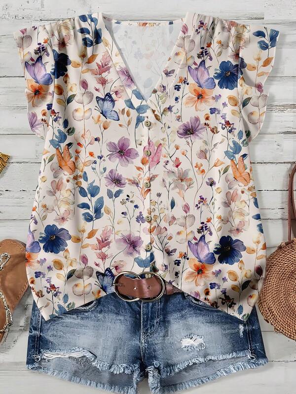 Mellowie 休闲简约浪漫印花V领荷叶边短袖上衣，适合大码女性，夏季度假穿着