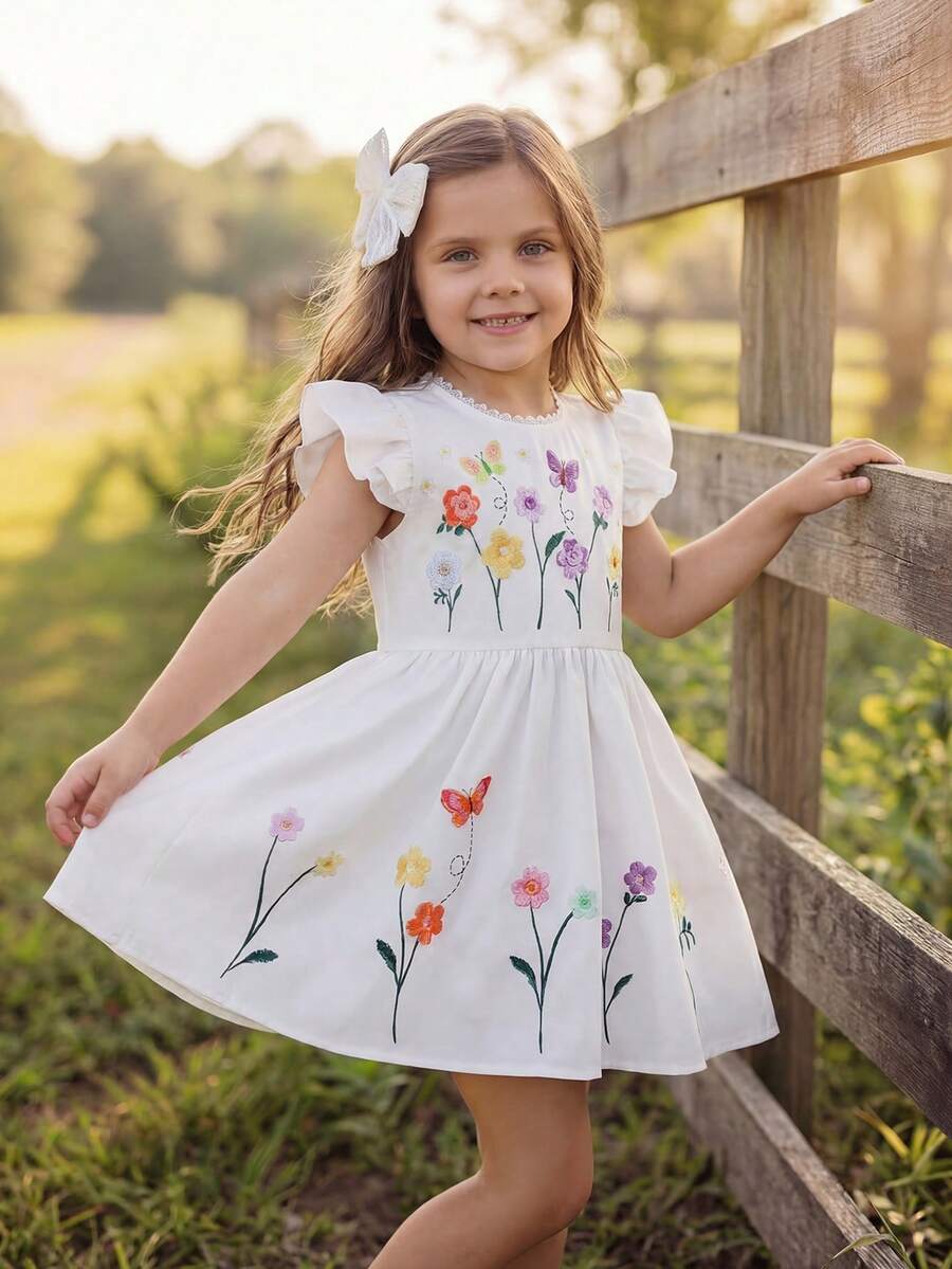 Emery Rose Kids 买一送一两件套，包含一个免费斜挎包。可爱少女编织刺绣圆领荷叶边连衣裙，搭配斜挎包，姐妹装，适合春夏穿着。 - 白色 - 查看 1