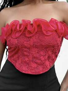 Tyla Gomez 女士优雅提花荷叶边抹胸上衣 - 紅色 - 查看 5