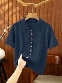 SHEIN Franclia New Summer Casual Loose Versatile Minimalist Elegant Polo Shirt, Commuting Workplace Metal Button Office Refined Personalized Conservative Slim Fit Lady Cardigan - Navy Blue - View 3