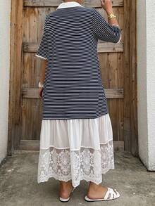 Dazy Plus 大码休闲条纹撞色蕾丝连衣裙夏季吊带裙 - 黑與白 - 查看 2