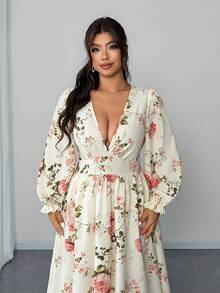 Elenzga Plus Size Women's White Boho Floral Print Flowy Maxi Dress,Lantern Sleeve Autumn Holiday Tea Party Wedding Sundress, Scoop Neck Casual Outfit - Multicolor - View 6