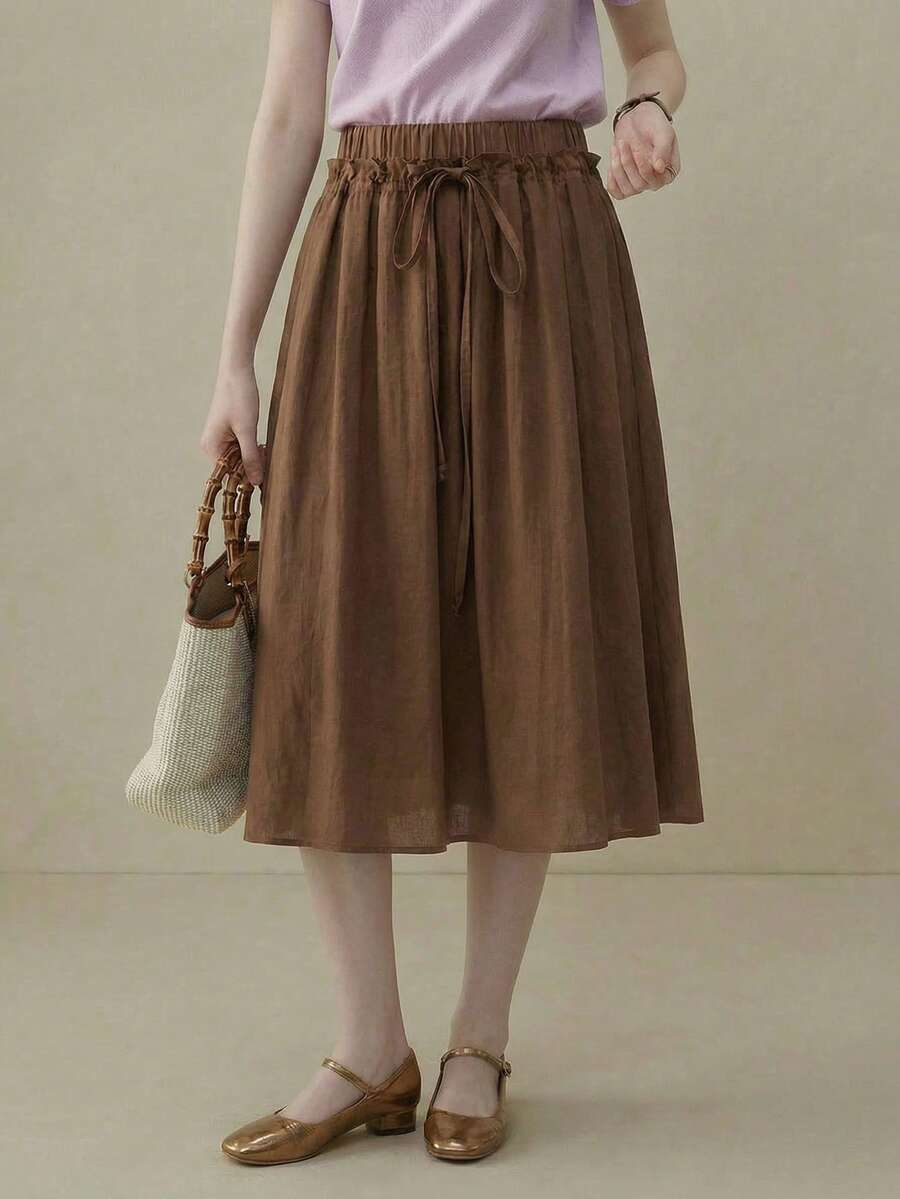 Muvela New Spring/Summer Coffee Brown Elastic Waist Drawstring Adjustable Ruched A-Line Skirt, Versatile Summer Outfit - Brown - View 1