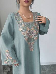 Yasmyna Women's Square Neck Long Sleeve Loose Textured Sequins Embroidered Floral Applique Romantic Elegant Arabic Style Dress - Dusty Blue - View 1
