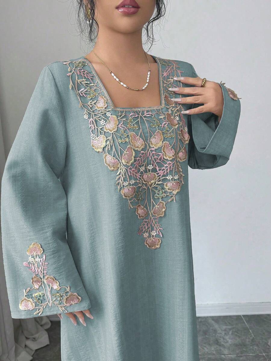 Yasmyna Women's Square Neck Long Sleeve Loose Textured Sequins Embroidered Floral Applique Romantic Elegant Arabic Style Dress - Dusty Blue - View 1