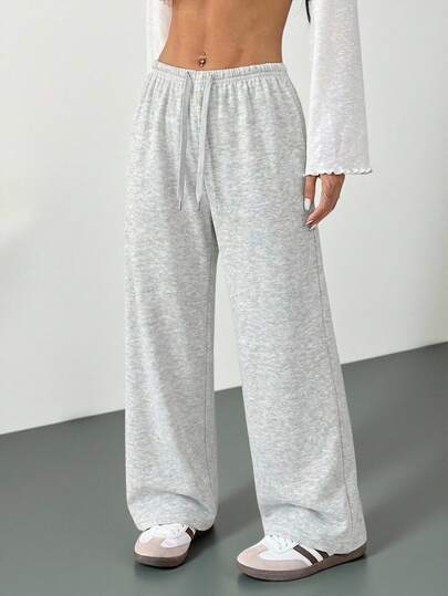 SHEIN PETITE Quần nữ màu trơn, cạp chun, chất liệu dệt kim mềm mại, dáng rộng, thích hợp mặc mùa thu/đông, kiểu quần ống rộng.
