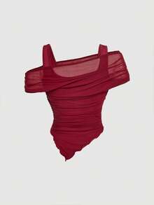 SHEIN MOD 不对称肩部 2 合 1 尖叫下摆女式 T 恤 - 酒紅色 - 查看 4