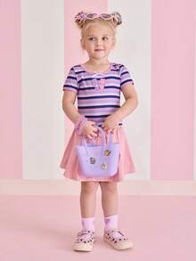SHEIN X Care Bears Young Girl Striped Short Sleeve T-Shirt With Bow Decor, - Multicolor - View 4