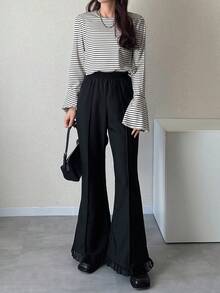 FRIFUL Women's Versatile Solid Color Lace Trim Pants Summer - Black - View 4
