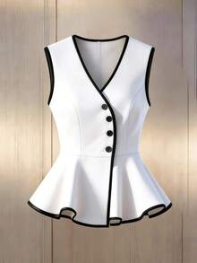 GlowEve Blusa casual sin mangas con cuello en V asimétrico y un solo botón, con volantes en el bajo, de color blanco con negro, elegante y estilizadora, para primavera/verano - Blanco - Ver 6