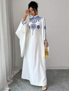 Elenzga 女士新款时尚优雅中东风复古法式立领金色印花开襟下摆系带蝙蝠袖白色长裙，适合通勤、圣诞节、新年、街头风、法式浪漫、休闲、中东复古风、下午茶聚会、派对、感恩节、返校季、秋冬季等场合。 - 藍色 - 查看 4