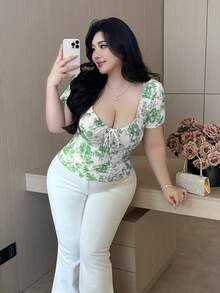 Vibekara Camiseta de manga corta con cordón, estampado gráfico y acanalado, talla grande - Verde - Ver 6