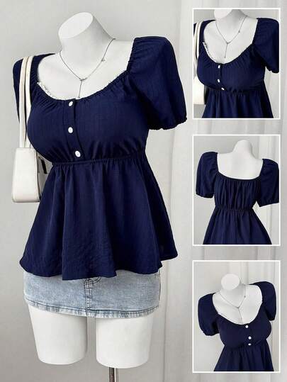 Sweetra Plus Size Women Comfortable Square Neck Short Sleeve Striped Shirt