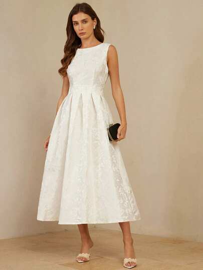 Aveloria Rosie White, Textured Floral Jacquard Fabric, Round Neck Sleeveless, Pleated Skirt Hem, A-Line Silhouette, Satin Sheen, Minimalist Elegant, Suitable For Weddings, Galas, Daily Gatherings, Festivals, Art Exhibitions, Showcasing Pure, Graceful And Sophisticated Qualities. New Arrival Versatile Fashion White Round Neck Sleeveless Jacquard Maxi Dress For Women Women Elegant Classic Dress Womens Formal Wear Occasion Dresses For Women Wedding Reception Dresses For Bride Ball Gown For Women