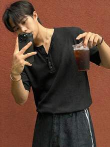 DAZY Men's Textured Solid Color Basic Half-Zip Short Sleeve T-Shirt Summer - Black - View 4