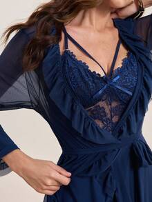 Hourtrue Conjunto de pijama con camisón de tirantes con volantes de encaje de contraste y bata - Azul Marino - Ver 7